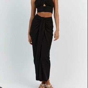 Dissh Knotted Black Linen Midi Skirt